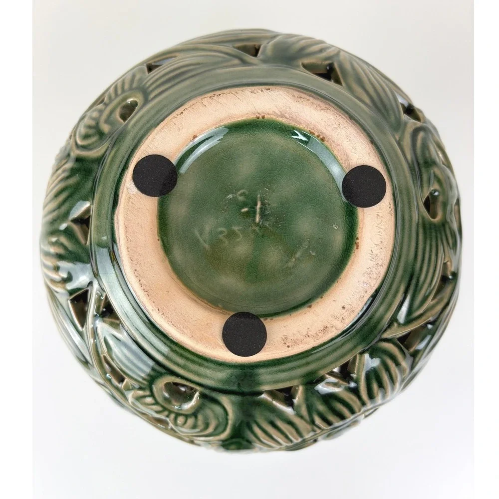 Vintage Green Art Pottery Vase Pierced Openwork Floral Leaf Ceramic